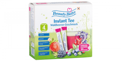 Beauty Baby Instant Tee Waldbeere: Packung mit Waldbeeren und Glas Tee aufgedruckt