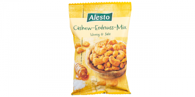 Alesto Cashew-Erdnuss-Mix Honig & Salz: gelbe Verpackung mit Knabberei in Holzschale, daneben eines Löffels mit Honig