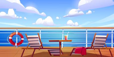 Illustration zeigt Liegestühle auf einem Schiffsdeck und Blick übers Meer