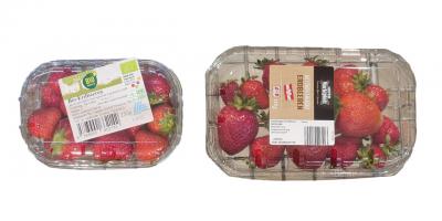 HOFER Erdbeeren: 2 Packungen Erdbeeren im Vergleich, mit durchsichtiger Folie umhüllt