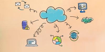 Illustration: Wolke, Datenbanken, E-Mail-Server, Laptop