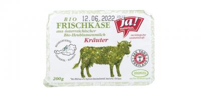 Ja! Natürlich Frischkäse aus Bio-Heublumenmilch: Verpackung von oben mit grüner Aufschrift und stilisierte Kuh in grün