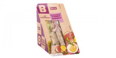 BILLA Schwarzwälder Schinken Sandwich: Sandwich in hellbrauner Verpackung mit Sichtfenster