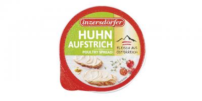 Inzersdorfer Huhn Aufstrich: Dosendeckel, Ansicht von oben, 2 Brotscheiben mit Aufstrich und 2 Tomaten abgebildet, rotes Inszersdorfer-Logo