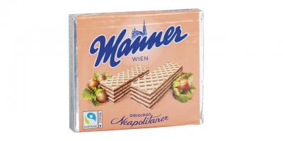 Manner Original Neapolitaner Schnitten: Packerl Mannerschnitten, rosa Umhüllung mit 2 Schnitten und Haselnüssen drauf