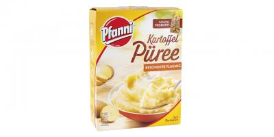 Pfanni Kartoffel Püree: Verpackung mit Kartoffelpürree in einer Schüssel; in der rechten oberen Ecke der Verpackung - Abbildung eines Kartoffelsacks mit rot-weiß-roter Fahne und AMA-Gütesiegel