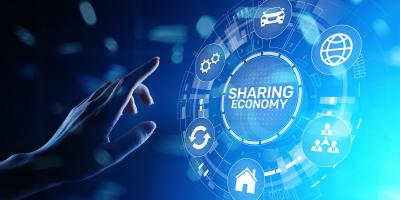 Sharing Economy, Innovation und zukünftiges Geschäftstechnologiekonzept auf virtuellem Bildschirm