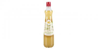 YO Fruchtsirup Holunderblüte: Flasche mit gelblichem Sirup u. rotem Verschluss