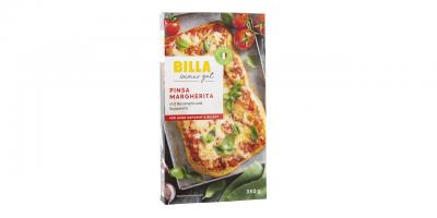 BILLA Pinsa Margherita: Schachtel eines Tiefkühlproduktes; belegte Teigflade auf der Schachtel aufgedruckt.