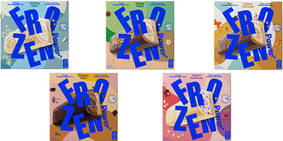 Fünf Eisriegel-Verpackungen mit Schriftzug FRO ZEN