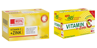 zwei gelbe Schachteln mit Aufschrift Vitamin C + Zink von WEPA bzw. apoday