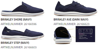 Drei Modelle von blauen Clarks-Damenschuhen mit Etikett im Innenfutter