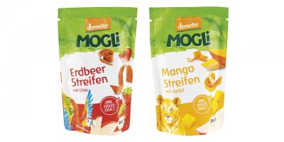 MOGLi Fruchtstreifen: 2 Packungen der Sorten Erdbeer Streifen und Mango Streifen - die angeführten Bezeichnung sind wider Erwarten nicht die Hauptbestandteile der Produkte.