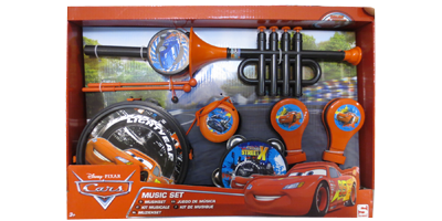 Musikalisches Spielzeugset mit Akku mit Trommelstäbchen, Trompete, Kastagnetten, Tamburin, Kastagnetten mit Griff und Trommeln, rot und mit Cars-Disney-Bildern drauf