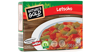 Letscho-Kartonverpackung mit Letscho auf weißem Teller