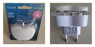 Zwei Fotos: 1. Apfel-Nachtlicht in Klarsichtverpackung von vorne, 2. Licht von der Seite