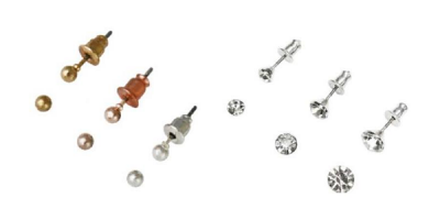 Sechs verschiedene Ohrstecker der Marke beeline in silber, gold und rosefarben.