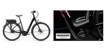 Tiefeinsteiger-E-Bike mit Detail von Strichcode und Rahmennummer