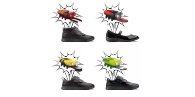 4 Kinderschuhmodelle von der Seite mit dazugehörender Tiertaschenlampe