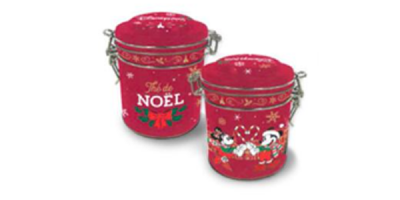 2 rote Teedosen mit Weihnachtsdekor