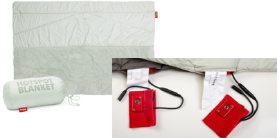 Heizdecke offen, einmal in Packsackrolle und Bild mit zwei Akku-Einheiten
