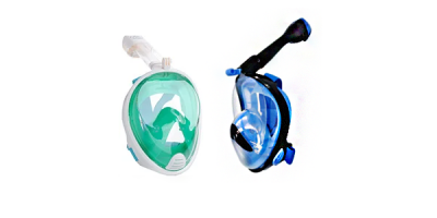 2 verschiedenfarbige Schnorchelmasken unterschiedlichen Typs