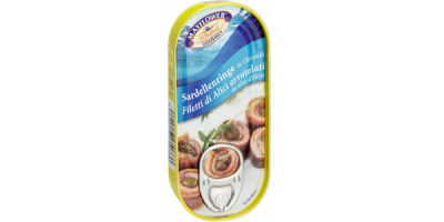 Bunte Fisch-Dose mit Lasche und abgebildeten Sardellenringen