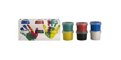 Kartonverpackung und einzelne Plastikdosen mit verschiedenen Fingerfarben