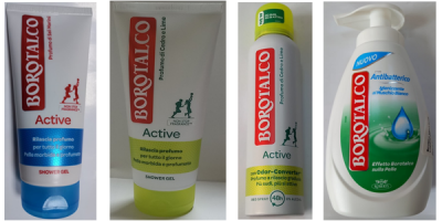 4 Borotalco-Produkte nebeneinander, 2 Duschbäder, Deo, Seife