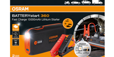Schwarzorange Verpackung mit Foto der Starterbatterie und Zubehör
