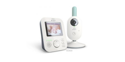 Weißes zweiteiliges Babyphone mit Videomonitor bzw. Kamera/Mikrofoneinheit