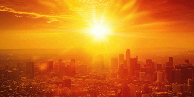 Skyline einer fiktive Stadt, große Hitze, viel Sonne