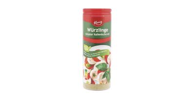 Eine Streudose Kania Würzlinge Kräuter Italienische Art in grün mit rotem Deckel und abgebildetem Tomate Mozarrella vor weißem Hintergrund