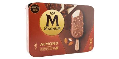 Eine Packung Magnum Mandel in braunem Design mit einem Stieleis abgebildet.