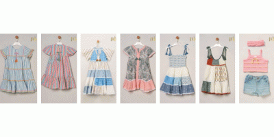 6 verschiedene Mädchenkleider und ein Set aus Stirnband, Oberteil und Shorts nebeneinander
