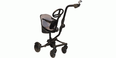 Schwarzes Gestell mit vier Rollen, Sitz und funktionslosem Lenkrad. Wird an Kinderwagen angehängt.