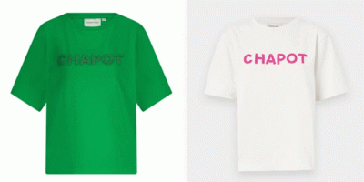 Ein grünes und ein weißes Leiberl mit je der Aufschrift CHAPOT
