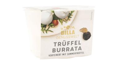 Eine Packung Billa Genusswelt Trüffel Burrata in weißer Kartonverpackung..
