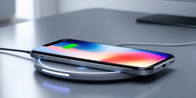 Ein modernes Smartphone liegt auf einer Ladeschale für kabelloses Laden. Das Display leuchtet bunt, die Landestandsanzeige ist zu sehen.