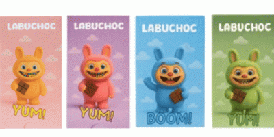 4 bunte Verpackungen mit der Aufschrift “LABUCHOC”. Jede Packung hat eine andere Hintergrundfarbe (orange, rosa, blau, grün) und zeigt ein Labubu, das ein Stück Schokolade hält. Unten stehen Wörter wie „YUM!“ oder „BOOM!“ in auffälligen Farben.