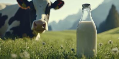 Kuh auf der Wiese, im Vordergrund eine Milchflasche, Berge im Hintergrund