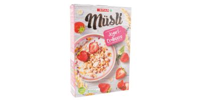 Weniger als ein Prozent: Kaum Erdbeeren in Spar Müsli Jogurt-Erdbeere 