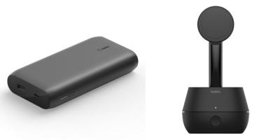 Schwarze Powerbank und rechts davon ein schwarzer Auto-Tracking-Ständer