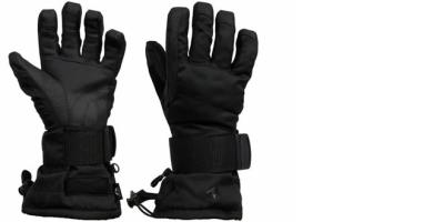 Ein Paar schwarzer Kinder-Schihandschuhe vor weißem Hintergrund