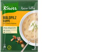 Typische Packerlsuppensackerl von Knorr. Links oben Knorr-Schriftzug, daneben steht "Kaiser Teller", darunter "Waldpilz Suppe". Am rechten Bildrand ist ein halber, gefüllter Suppenteller zu sehen.