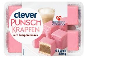 6 Punschkrapfen in Plastiktasse mit Deckel. Auf Etikett sind Rosa Punschkrapfen abgebildet und der Schriftzug Clever Punschkrapfen