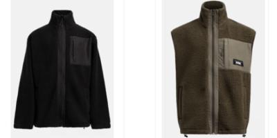 eine schwarze Fleece-Jacke und eine braune ohne Ärmel