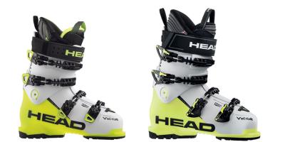 2 Skischuhe von der Seite, weißgelb mit schwarzen Schnallen