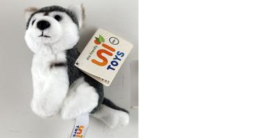 Weiß-grauer Plüschhund liegt auf heller Fläche