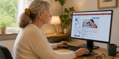 Eine ältere Frau sitzt vor einem Computerbildschirm und besucht ein Webinar zum Thema Stromkosten.
